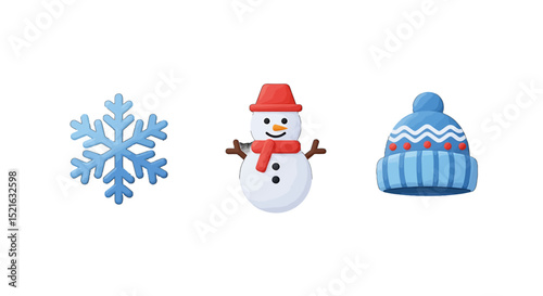 Winter Holiday vector icons sets Snowflake Snowman with Red Scarf Blue Knitted Hat photo