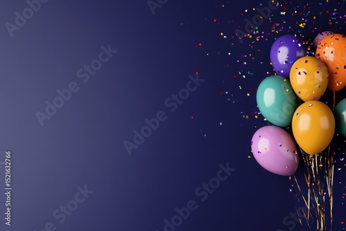 Colorful Balloons With Confetti Against a Deep Blue Background for Celebratio...