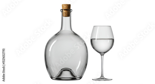 Isolated Elegant Glass Bottle with Cork and Wine Glass