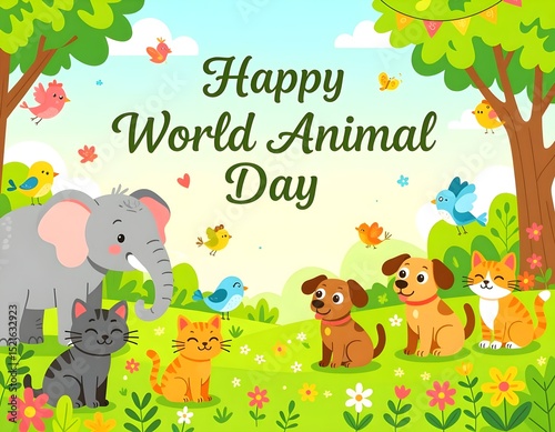 A warm, colorful illustration of various animals in a peaceful natural setting, celebrating World Animal Day.