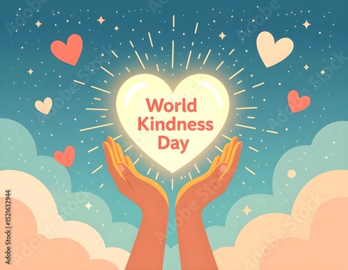 Hands holding a glowing heart radiating light and warmth, symbolizing kindness and compassion, for World Kindness Day.
