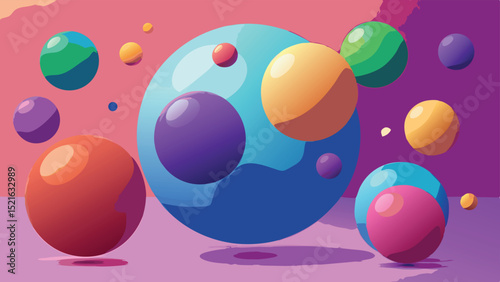 Abstract spherical shapes composition on a colorful gradient background with transparent elements