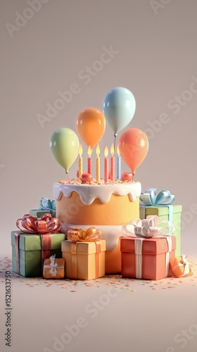 Celebration With Colorful Balloons and a Beautifully Decorated Cake With Cand...