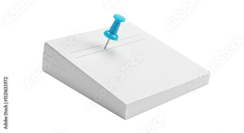 Isolated Stack of Paper Pinned with Blue Pushpin