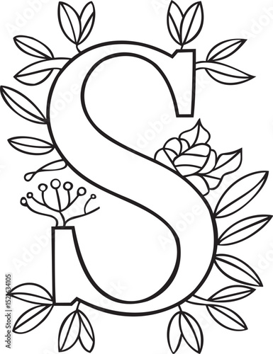 "A beautifully illustrated letter 'S' adorned with floral and leaf motifs. This elegant design is perfect for monograms, invitations, or branding that seeks to convey a sense of sophistication and nat