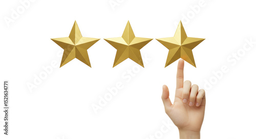 Isolated Hand Pointing to Three Golden Rating Stars