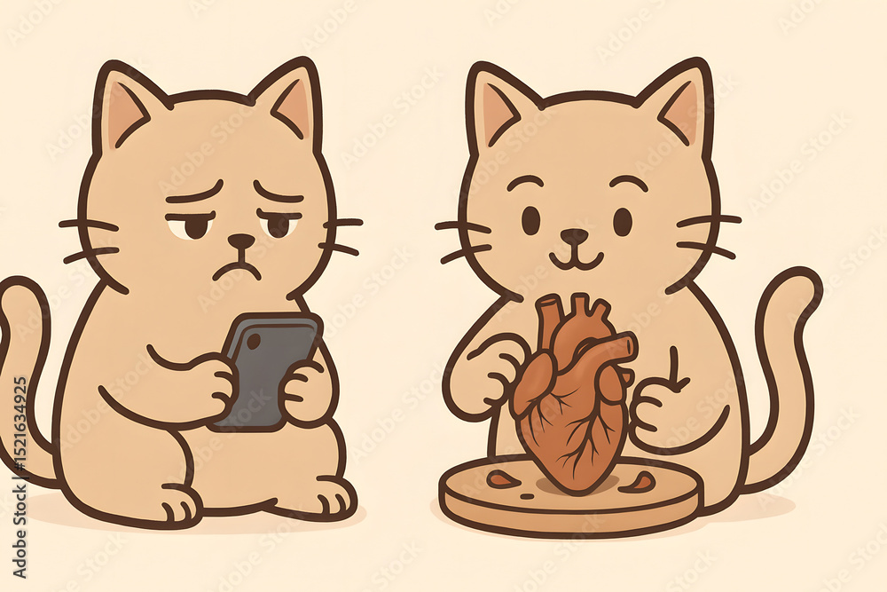 Fototapeta premium Cartoon cat holding human heart while other cat looks at phone, funny dark humor illustration, cute comic pet drawing, emotional feline artwork, surreal weird animal concept for digital storytelling