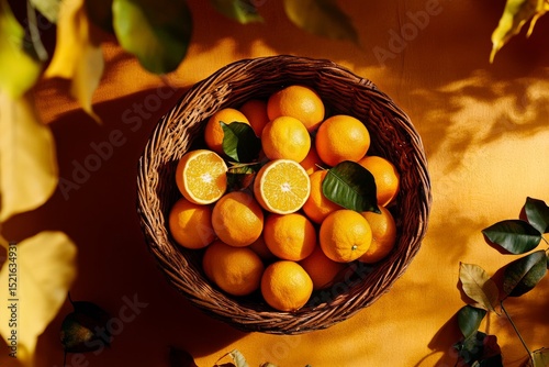 Fresh Oranges Arranged in a Woven Basket With Vibrant Green Leaves on a Yello...