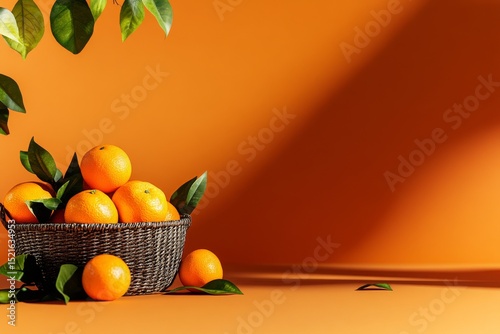 Vibrant Oranges in a Woven Basket Against a Bright Orange Backdrop