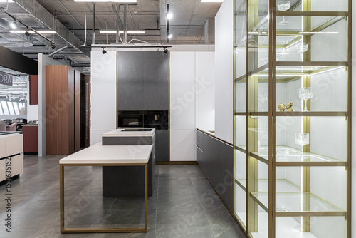 large modern built-in kitchen and kitchen island. kitchen is decorated in white and gray colors. built-in appliances. gold sink and faucet. upper and lower cabinets. illuminated glass display case