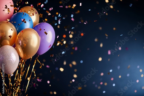 Colorful Balloons and Confetti Celebrate a Festive Occasion in a Dark Backgro...