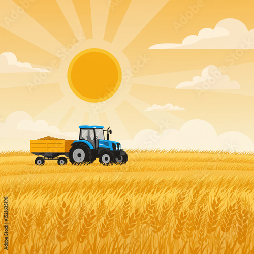 Summer Agriculture Day: Vibrant tractor in a sunlit wheat field with copy space