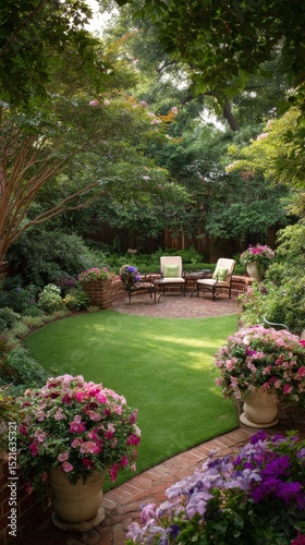 Beautiful Garden With Seating Area Surrounded by Colorful Flowers in Bright D...
