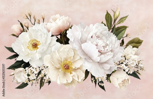 Delicate Floral Arrangement of Peonies and Blossoms on Soft Pink Background