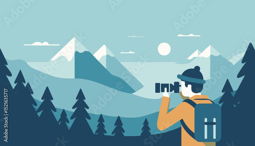 Photographer taking landscape photos in mountains, vector art