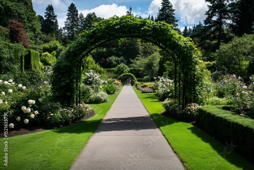 Beautiful Lush Garden Pathway Framed by Flowering Arches and Greenery in Sere...