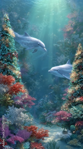 Dolphins Swimming in Vibrant Coral Reef Surrounded by Colorful Marine Life in...