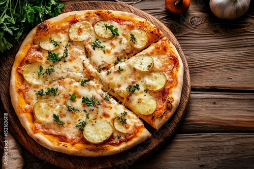 Delicious Potato and Cheese Pizza Served on a Wooden Board With Fresh Parsley...
