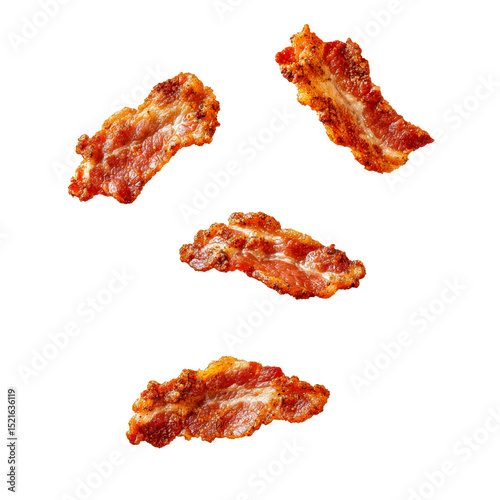 Four Crispy Strips of Cooked Bacon in Mid-Air