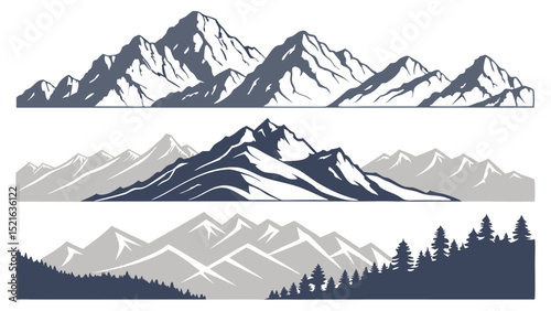 Collection of stylized mountain ranges silhouettes in various designs with transparency