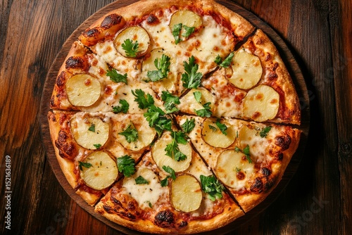 Savory Potato Pizza Garnished With Fresh Herbs on Wooden Table.