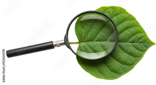 Isolated Magnifying Glass Examining Green Leaf Veins