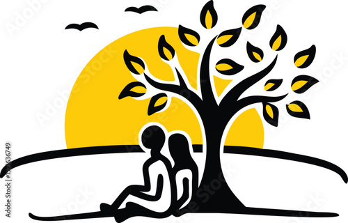 Romantic Couple Silhouette Under Tree at Sunset