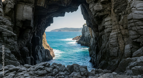 Coastal rock arch framing turquoise waters and distant headland