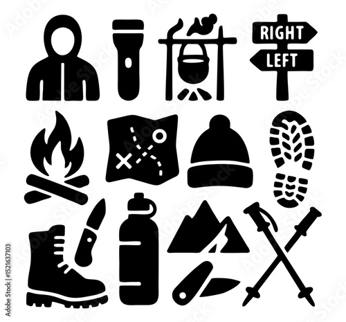 sticker outdoor adventure camping hiking climbing fishing gear set icon template logo