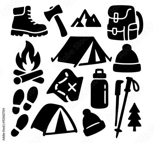 sticker outdoor adventure camping hiking climbing fishing gear set icon template logo