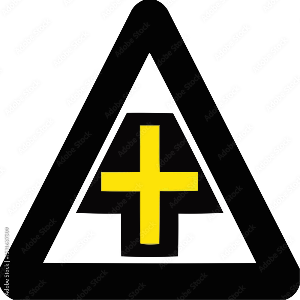 Fototapeta premium Warning sign with yellow cross symbol in a triangle shape 