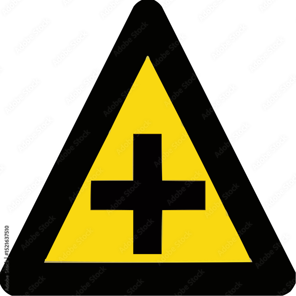 Fototapeta premium Warning sign with a black cross on a yellow triangular background 