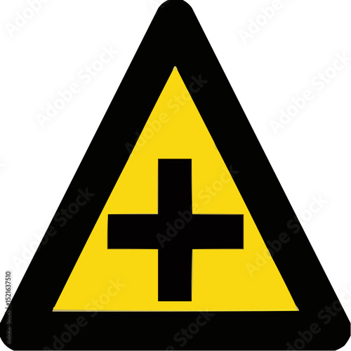 Warning sign with a black cross on a yellow triangular background  