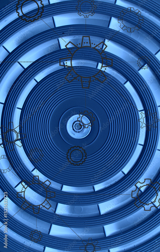 Perfect round rings divided into equal sectors in dark blue light and dark contours of cogs and gears over it Perfect round rings divided into equal sectors in dark blue light and dark contours of cogs and gears over it