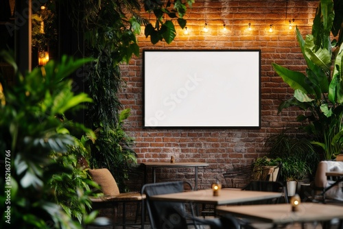Cozy Urban Cafe Interior Featuring a Blank Frame and Decorative Plants in War...