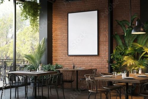Modern Restaurant Interior With Greenery and Empty Wall Space for Art.