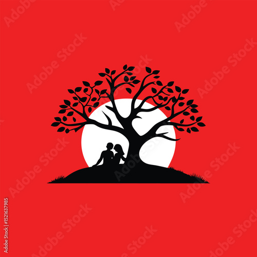 Romantic Couple Silhouette Under Tree at Sunset