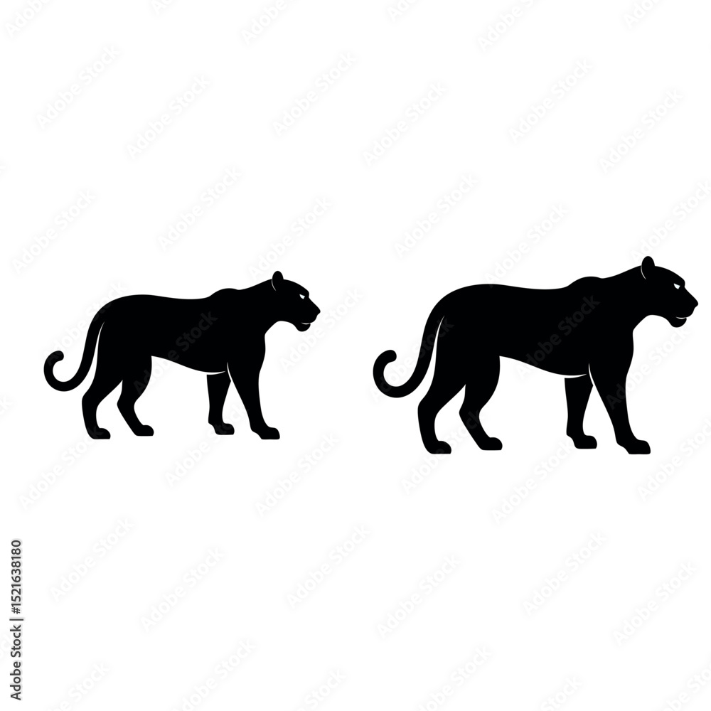 Obraz premium Pair of panther silhouettes in prowling posture, perfect for wildlife graphics, jungle-themed designs, sports logos, or animal conservation branding.