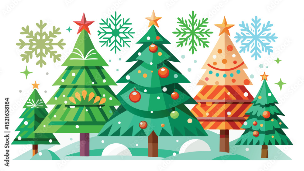 Obraz premium Colorful festive christmas trees and snowflakes with transparent background for design