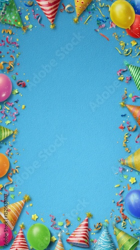 Festive Celebration Background With Colorful Balloons and Party Hats for Joyf...