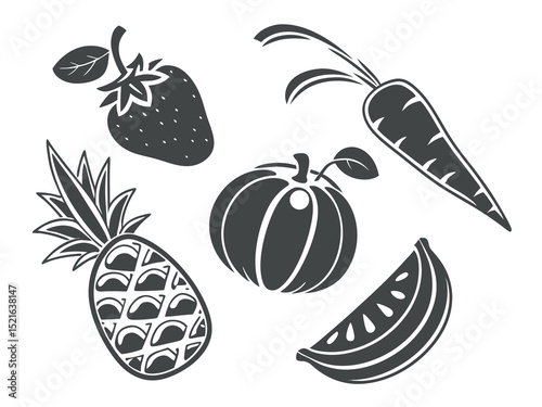 Hand-drawn style vector of mixed fruits and vegetables like watermelon, pineapple, and tomatoes. Ideal for organic markets, food blogs, or healthy lifestyle branding.