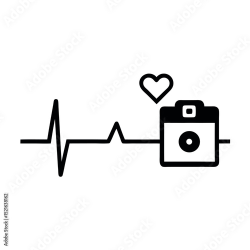 Minimal heartbeat line with a camera and heart icon, representing passion for photography. Ideal for creative logos, photographers, or camera-related health graphics.