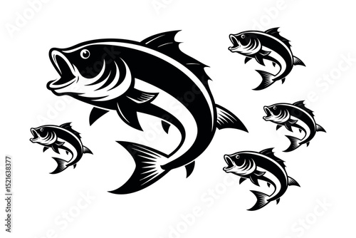  Collection of jumping fish in bold black silhouettes, perfect for fishing logos, seafood branding, marine life, outdoor sports, or aquatic theme decorations.
