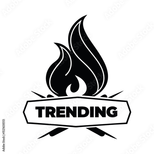 Black fire flame icon with trending label underneath, symbolizing hot topic, viral content, or popular design elements, ideal for social media or web icons.