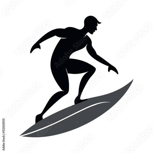 Surfer riding a wave in bold black silhouette, ideal for summer sports themes, surfing logos, beach posters, extreme sports, and tropical adventure illustrations.