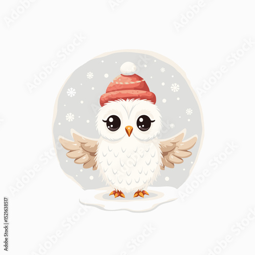 Cute owl wearing a red hat with a joyful expression standing in snowflakes on a winter background