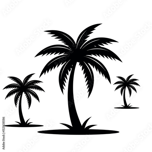 Set of minimal black silhouette palm trees, tropical nature icons perfect for beach vacation themes, summer banners, travel posters, or exotic landscape illustrations.
