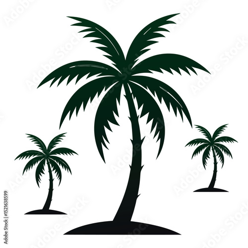 Set of minimal black silhouette palm trees, tropical nature icons perfect for beach vacation themes, summer banners, travel posters, or exotic landscape illustrations.