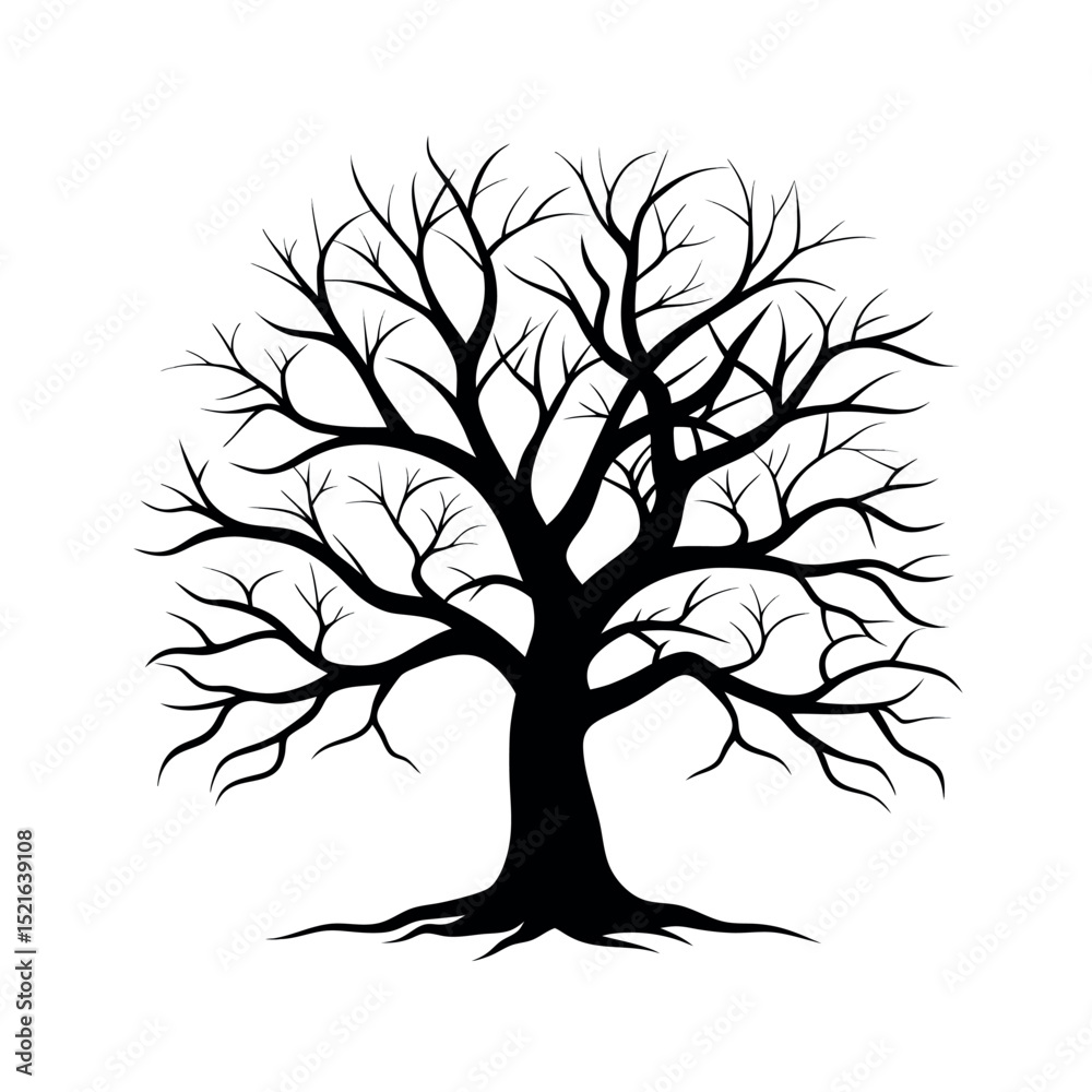 Fototapeta premium Artistic silhouette of a bare tree without leaves, representing fall or winter season, suitable for minimal nature design, forest theme, horror background, or seasonal illustrations