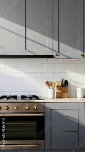 Sunlit modern kitchen interior with soft light and shadows